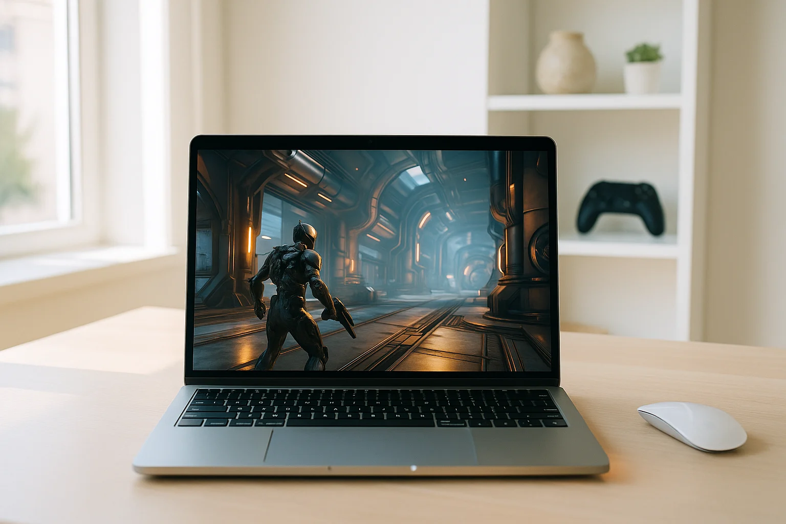 Player enjoying warframe mac os through cloud gaming on a Mac laptop