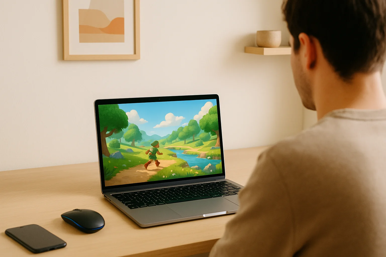Player starting online cloud gaming through a browser on a clean desktop setup