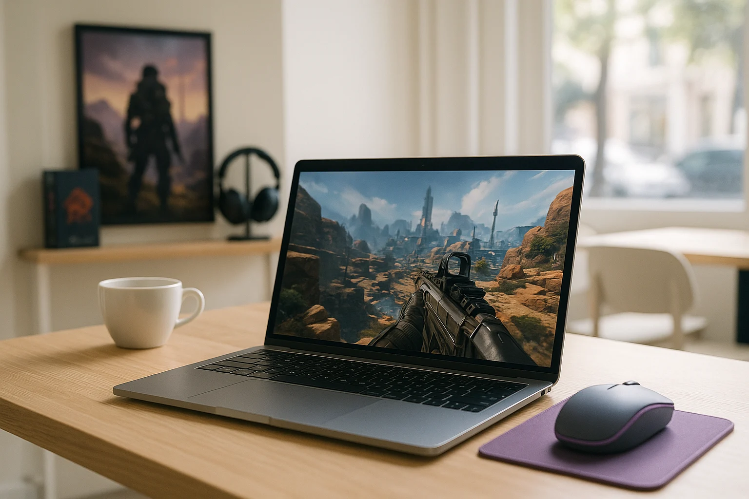 can you play Apex Legends on MacBook Today - MacBook with Apex Legends in café
