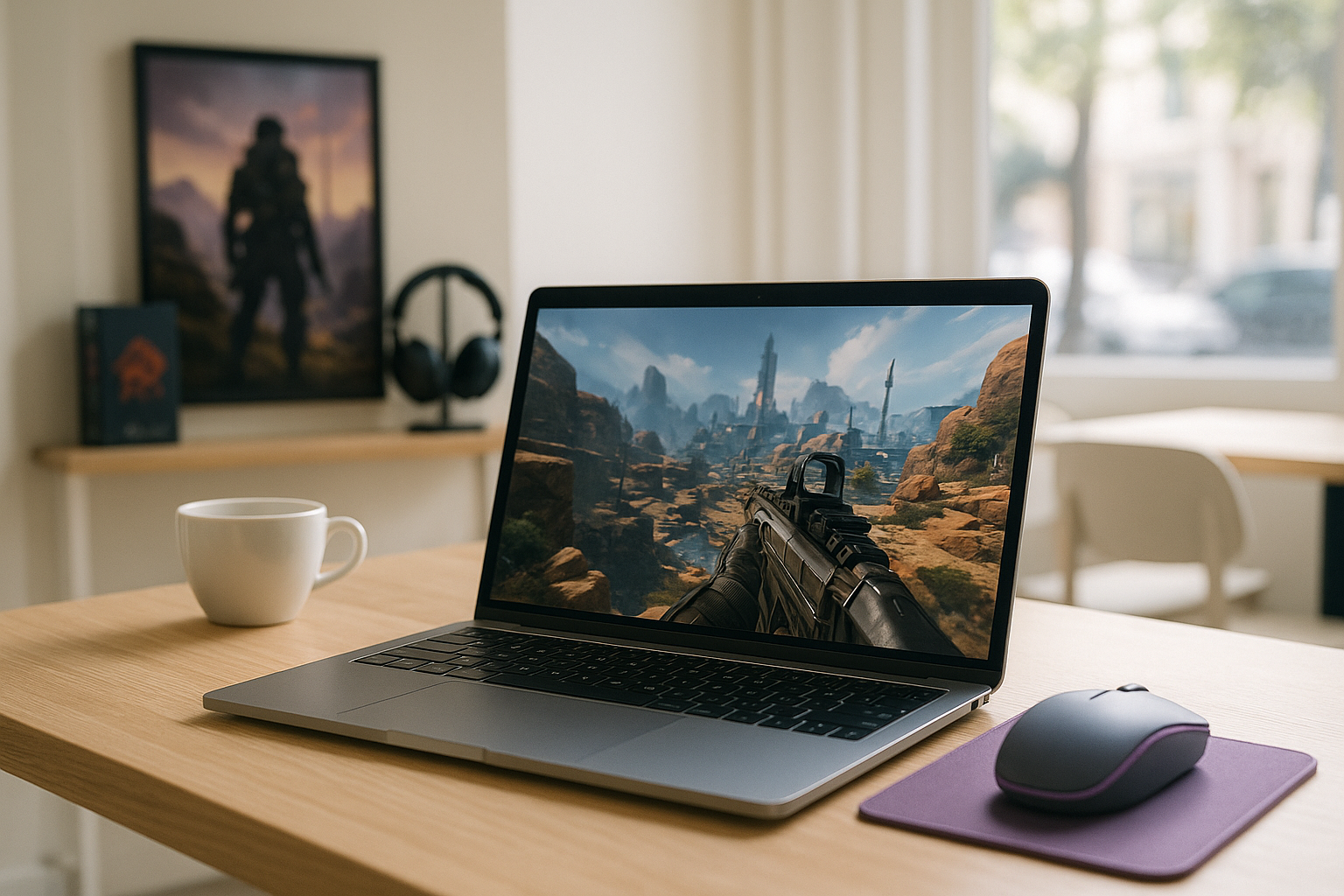 can you play Apex Legends on MacBook Today - MacBook with Apex Legends in café
