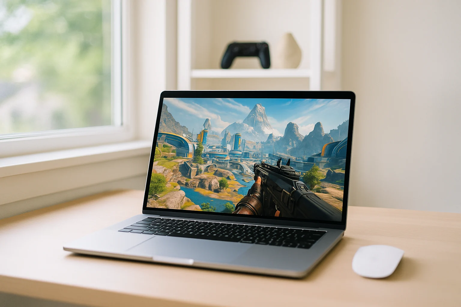 Player enjoying apex legends cloud gaming on a laptop through browser streaming
