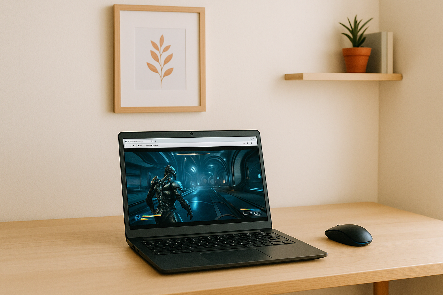 Player enjoying warframe on linux through cloud gaming on a laptop