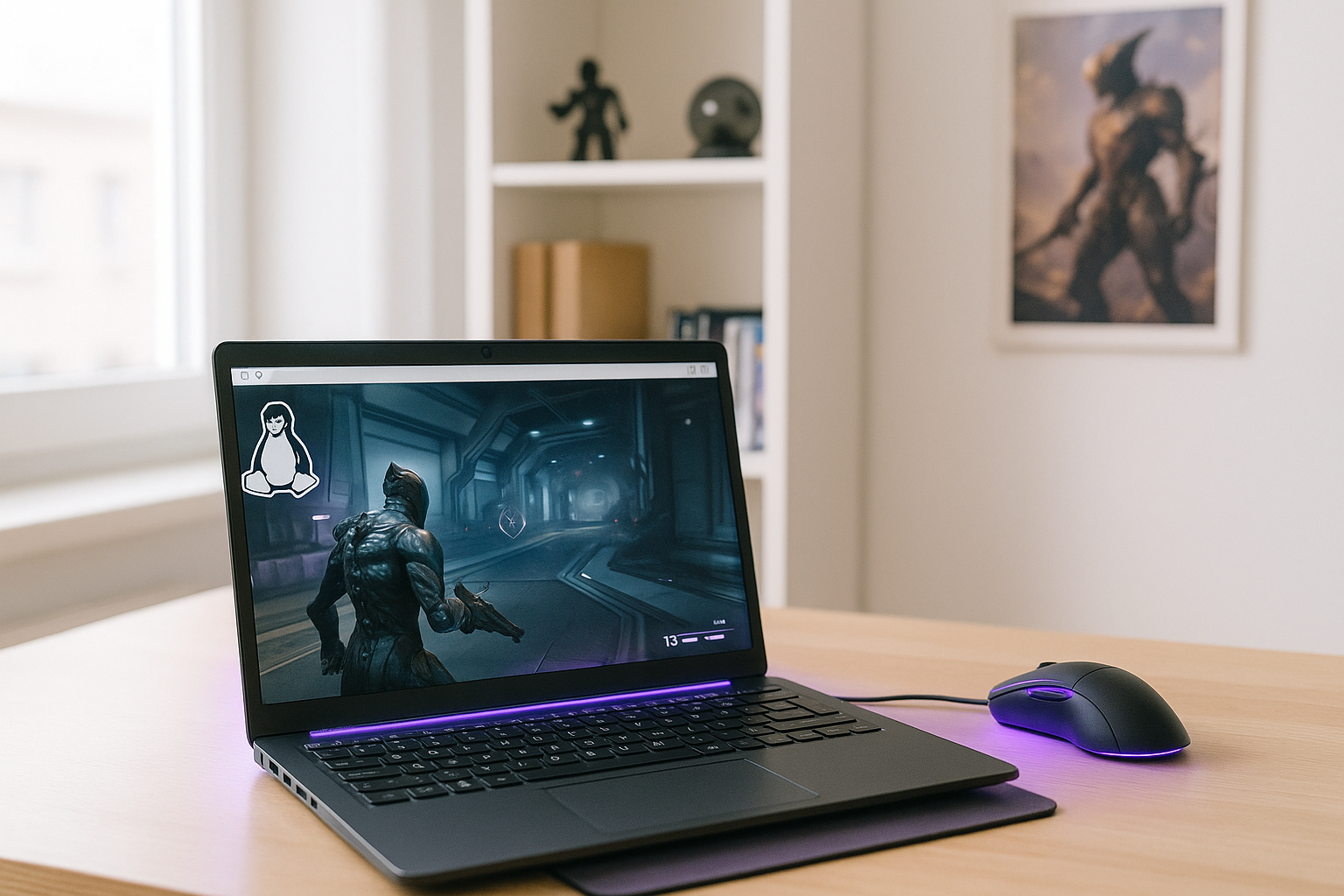 Why Warframe on Linux Can Be Tricky - Linux laptop with Warframe in home