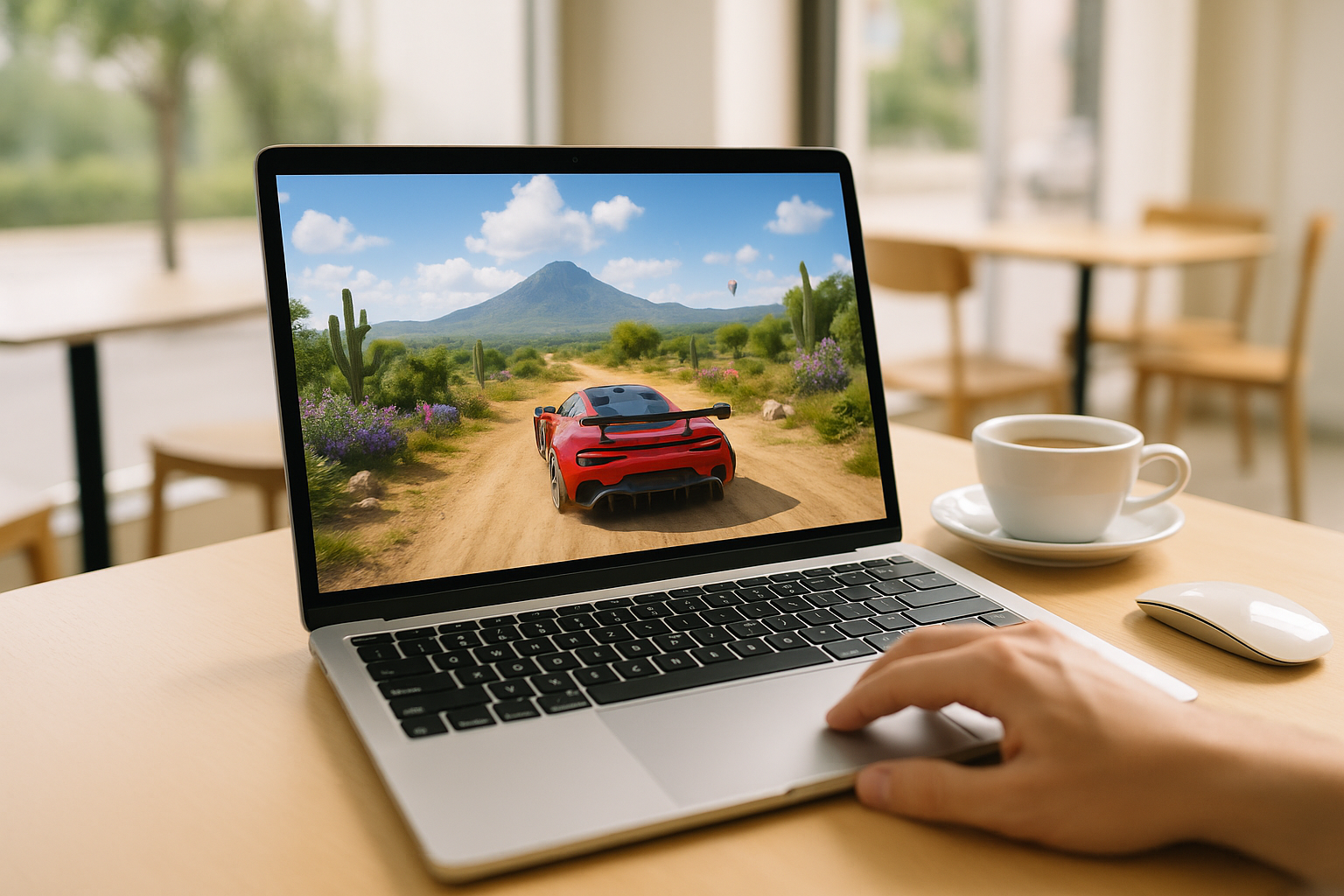Player enjoying forza horizon 5 mac through cloud gaming on a laptop