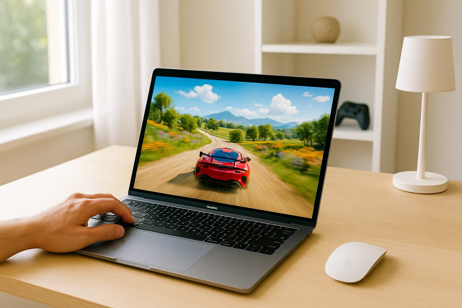 Player enjoying forza horizon 5 macbook through cloud gaming on a laptop
