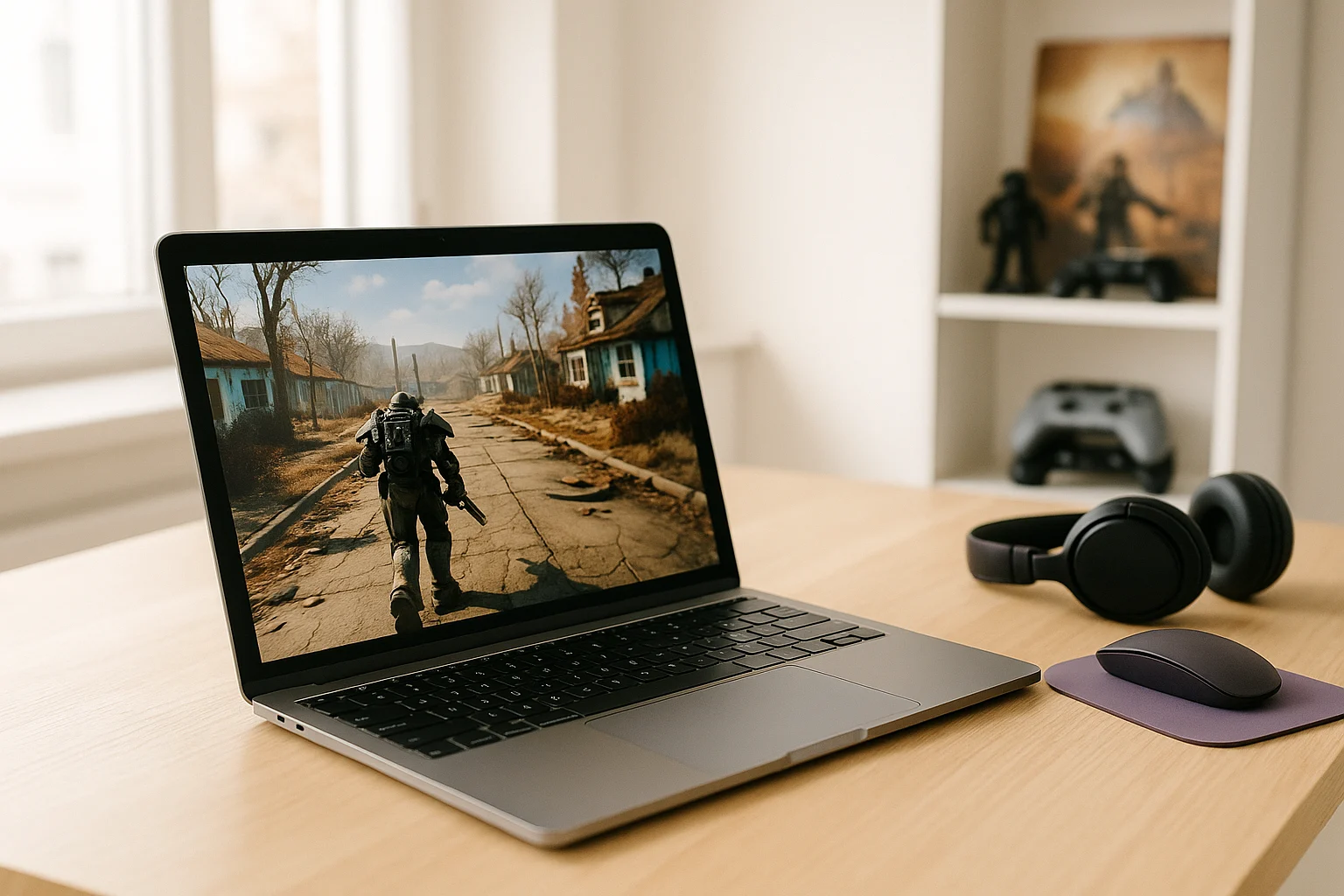 Bright kitchen view of Fallout 4 MacBook gameplay with wireless headphones