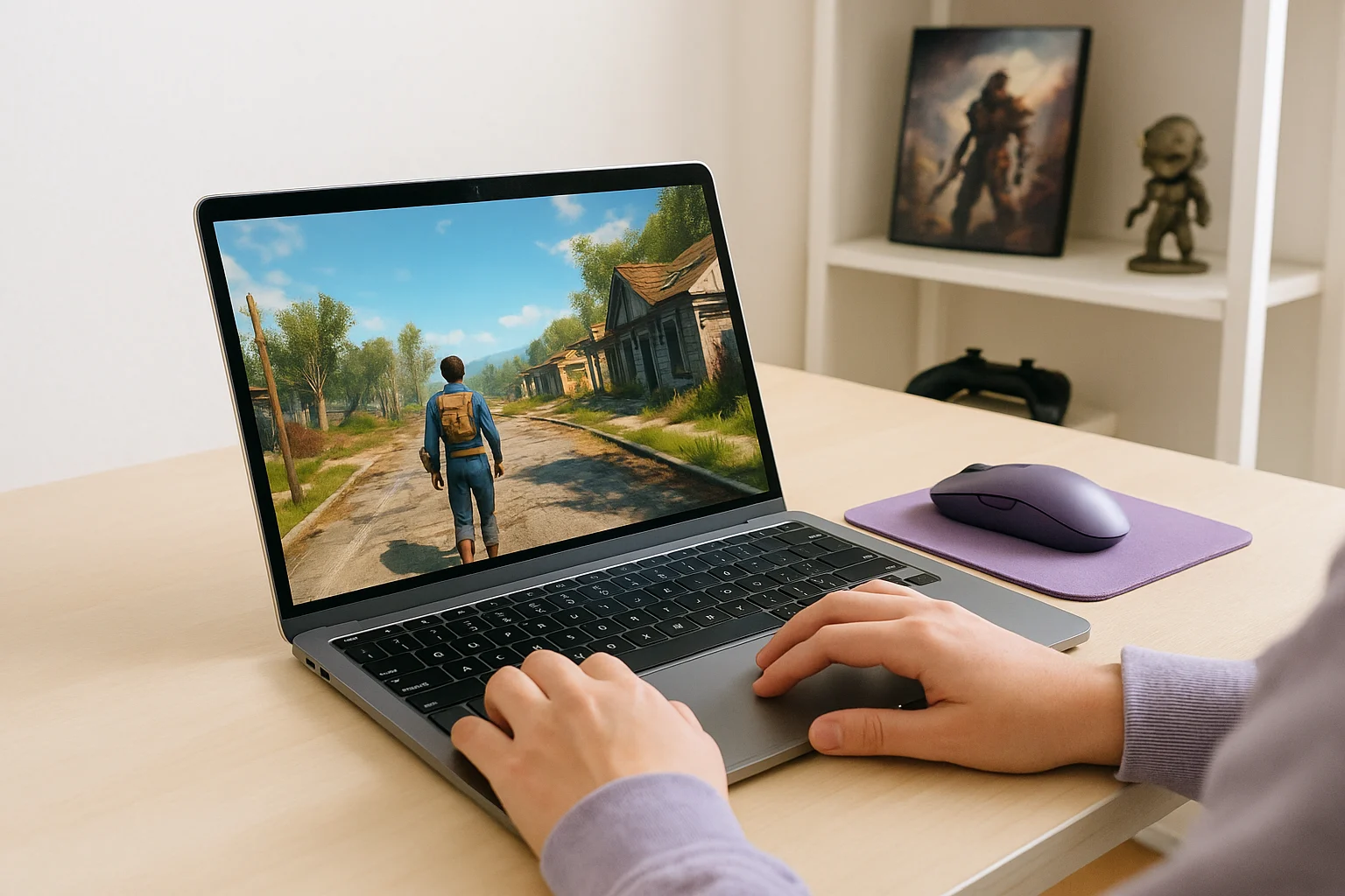 Hands on a MacBook as Fallout 4 MacBook streams from cloud, violet mouse on pad