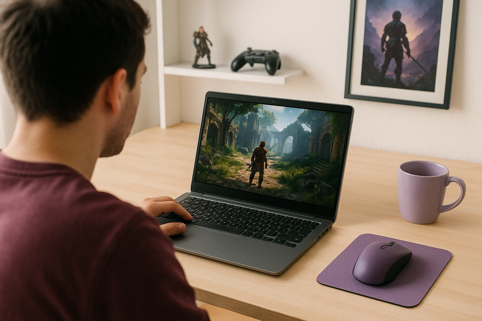 Over-shoulder view: Baldur's Gate Linux streamed to a laptop via cloud gaming
