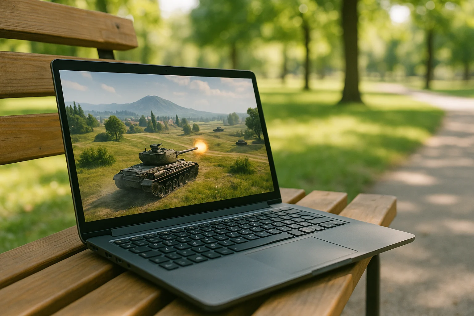 World of Tanks for Linux on a laptop in a sunny park, played via cloud gaming