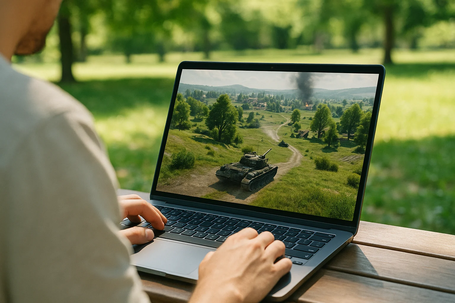 Hands on a laptop in a park playing World of Tanks for Linux via cloud