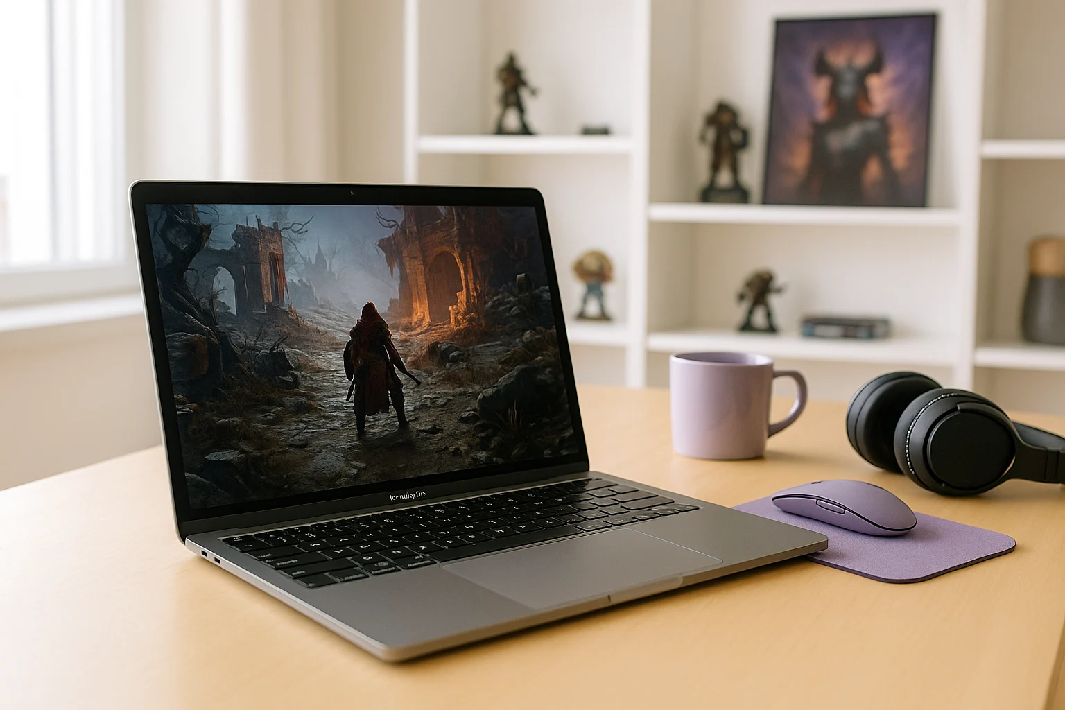 MacBook on bright desk showing Diablo 4 Mac gameplay with wireless gear