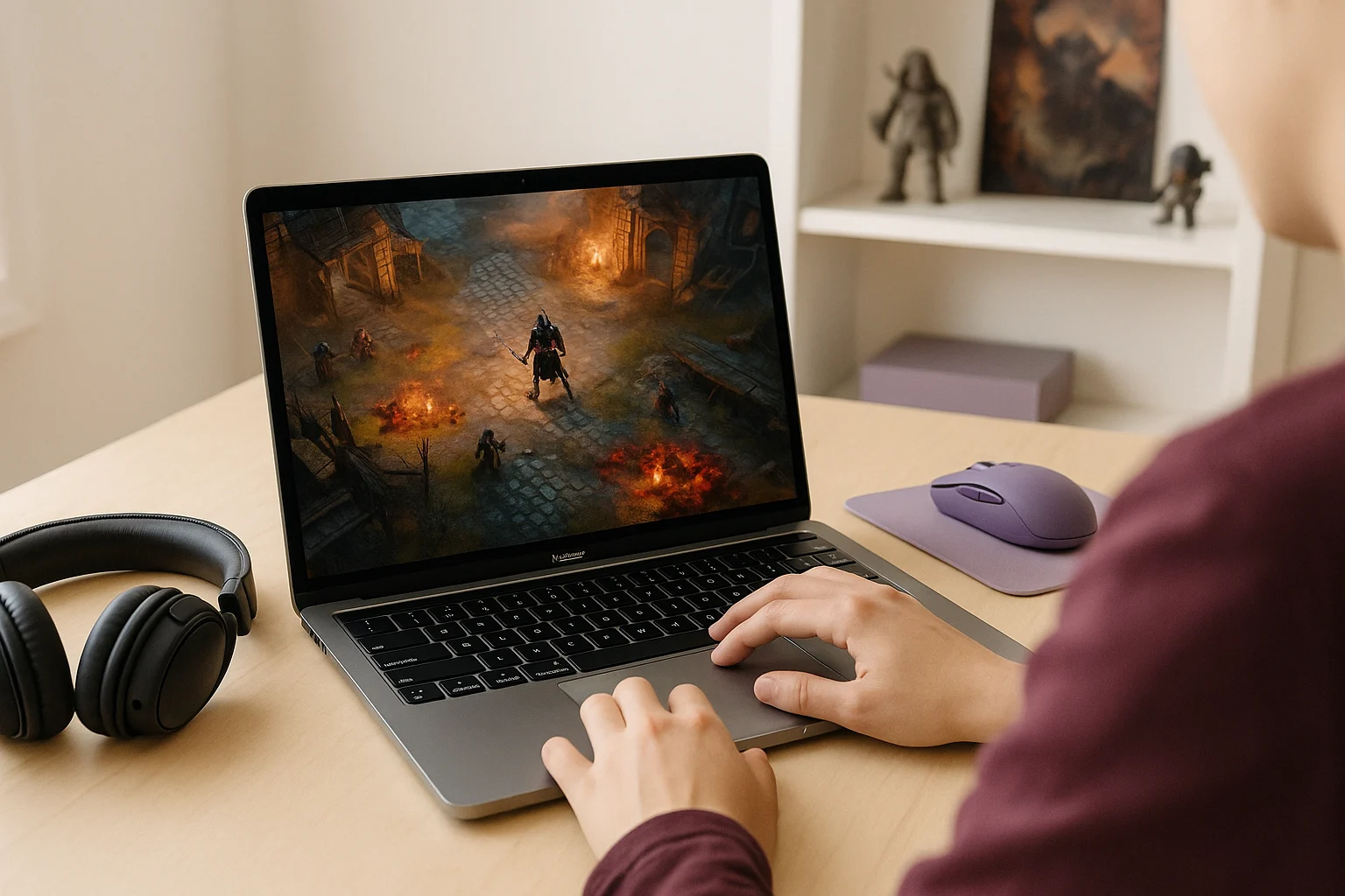 Hands on a MacBook playing Diablo 4 Mac via cloud gaming, bright setup