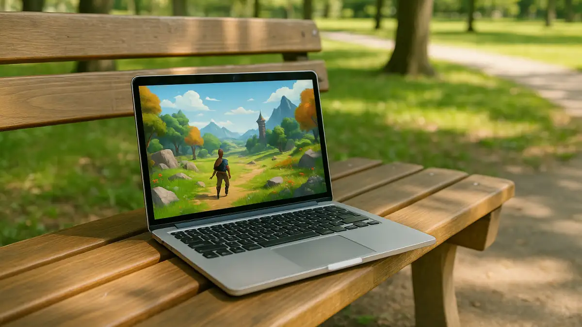Laptop Gaming via cloud gaming platforms Modern laptop on a park bench streams a game via cloud gaming platforms outdoors.
