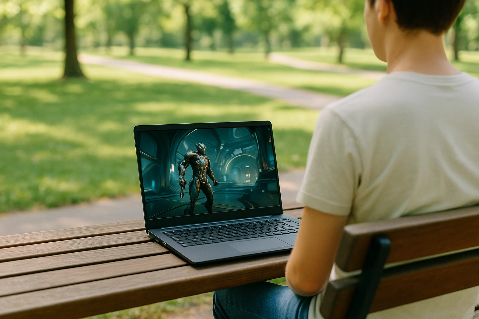 Warframe for Linux played on a laptop through a cloud gaming service