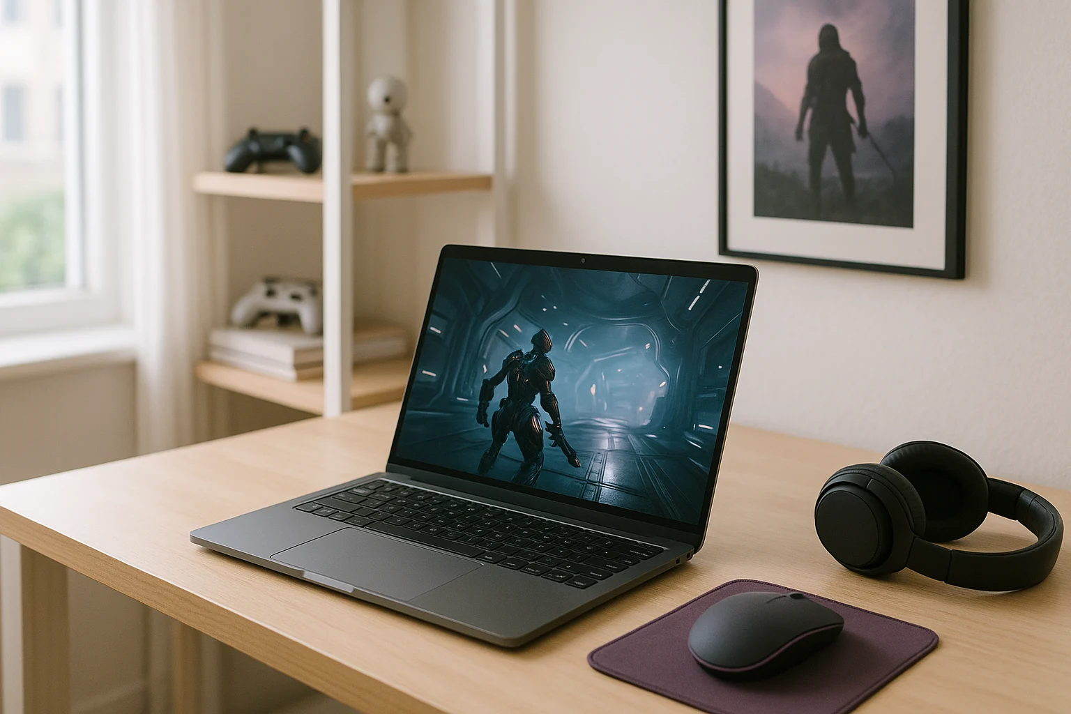 Laptop showing Warframe for Linux via cloud gaming in a bright home workspace