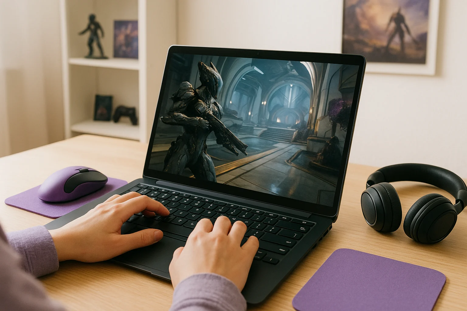 Hands on a Linux laptop playing Warframe for Linux via a cloud gaming service
