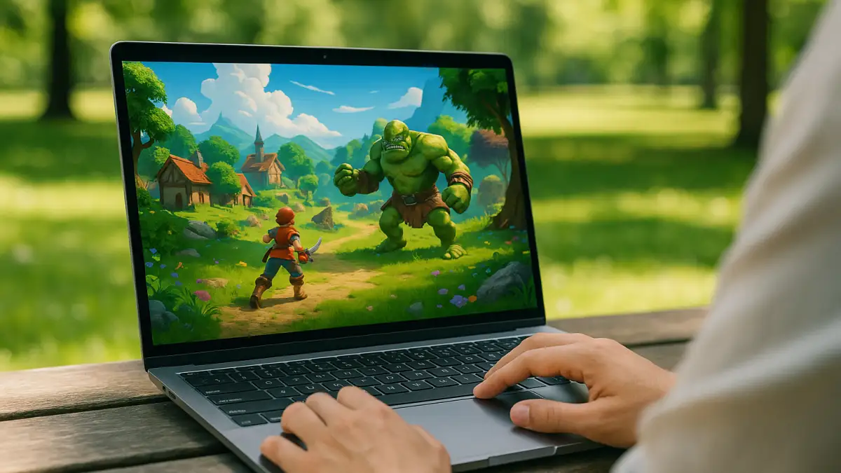 Aristeem Play via cloud gaming platforms Hands on a laptop in a sunny park, gameplay via cloud gaming platforms